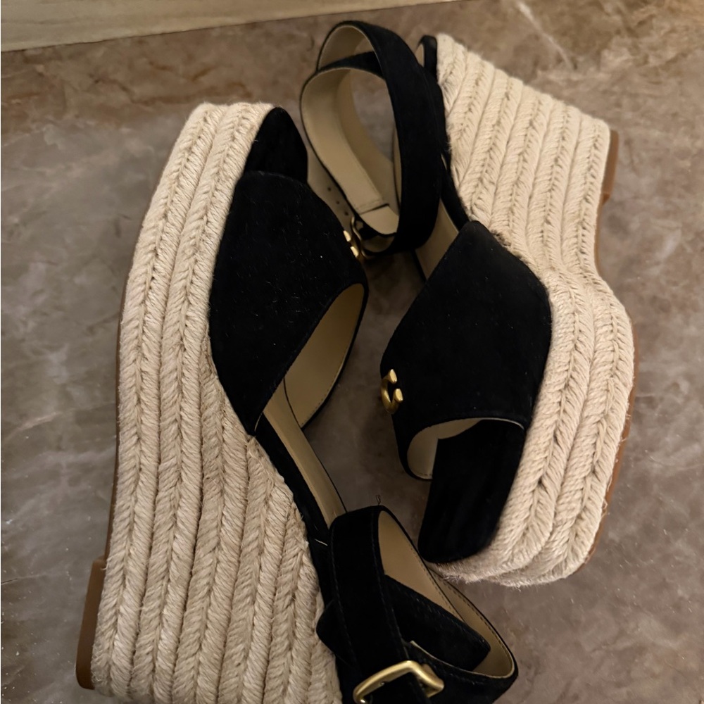 COACH Black Suede Espadrille Wedge Sandal Women's Size US 7 Gold Coach Logo - Picture 3 of 6